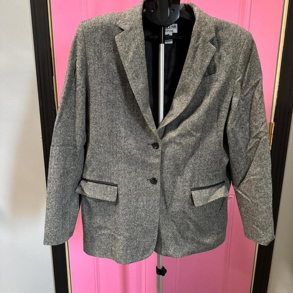 Pendleton Virgin Wool Herringbone Blazer Jacket Gray Black Womens Size 16 USA‎